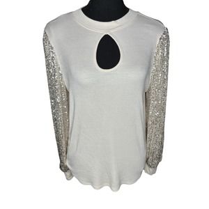 Maurices Women's Long Sleeve Blouse Top Cream Sequin Sparkly Cut Out Crew Neck S